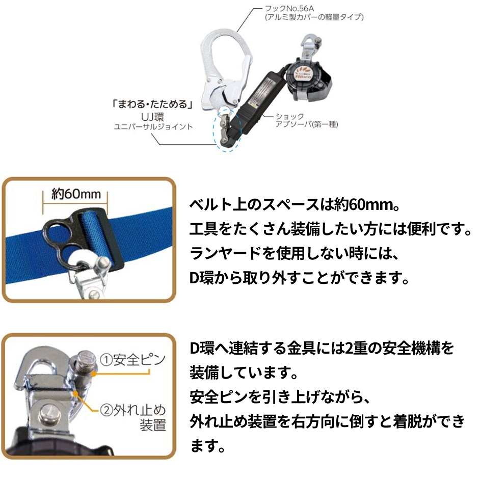 新規格対応 Ribra ライト 1丁掛け巻取式ランヤード(第1種) ロック装置付