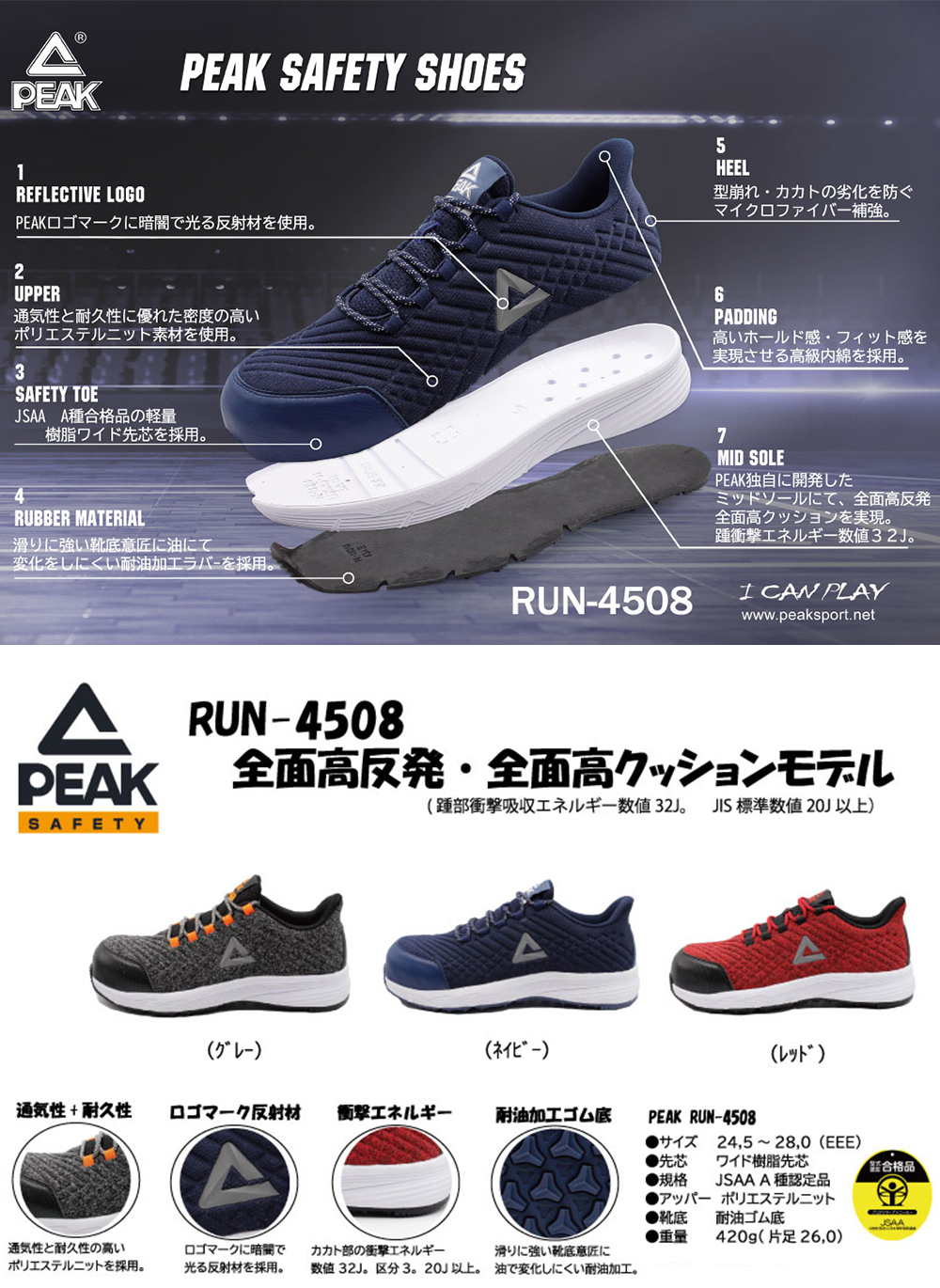安全靴 PEAK ピーク RUN-4508 スニーカー 作業靴 シューズ 紐靴 軽量 JSAA規格 大きいサイズ ビッグサイズ おしゃれ メンズ  レディース 人気 かっこいい まもる君 作業用品専門店